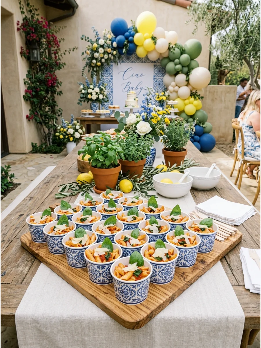 Small paper cups with blue and white tile patterns filled with pasta and a basil leaf.