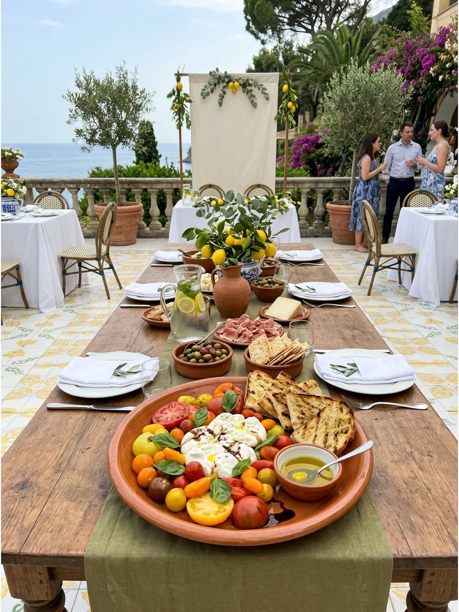 A large terracotta platter with burrata cheese, heirloom tomatoes, and fresh basil.
