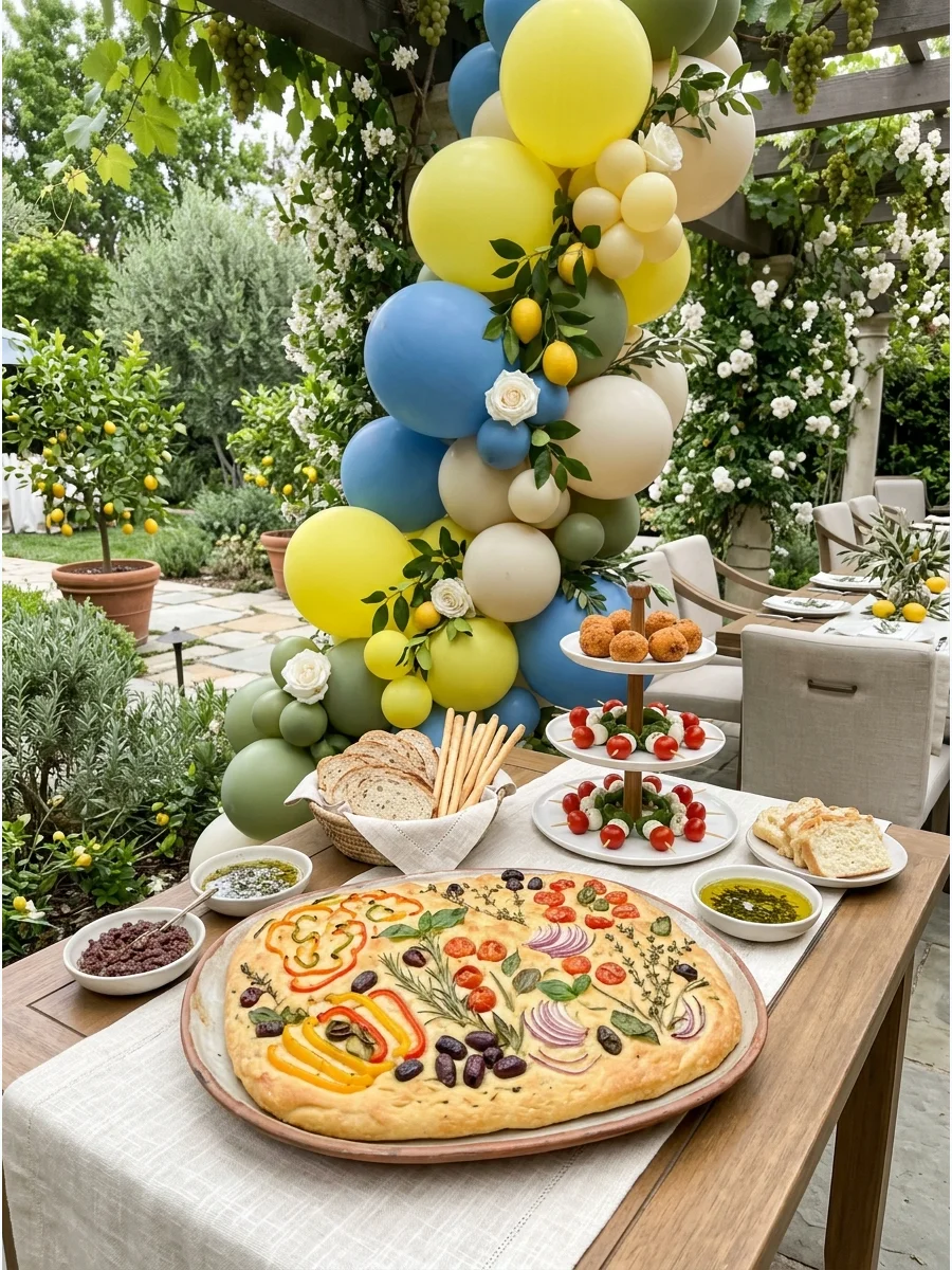 Golden focaccia bread decorated with vegetables to look like a floral garden scene.