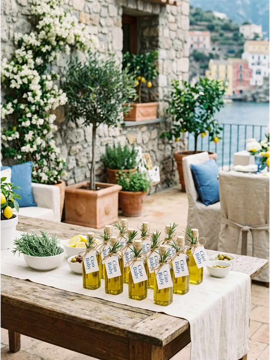Small glass bottles of olive oil with rosemary sprigs and custom tags.