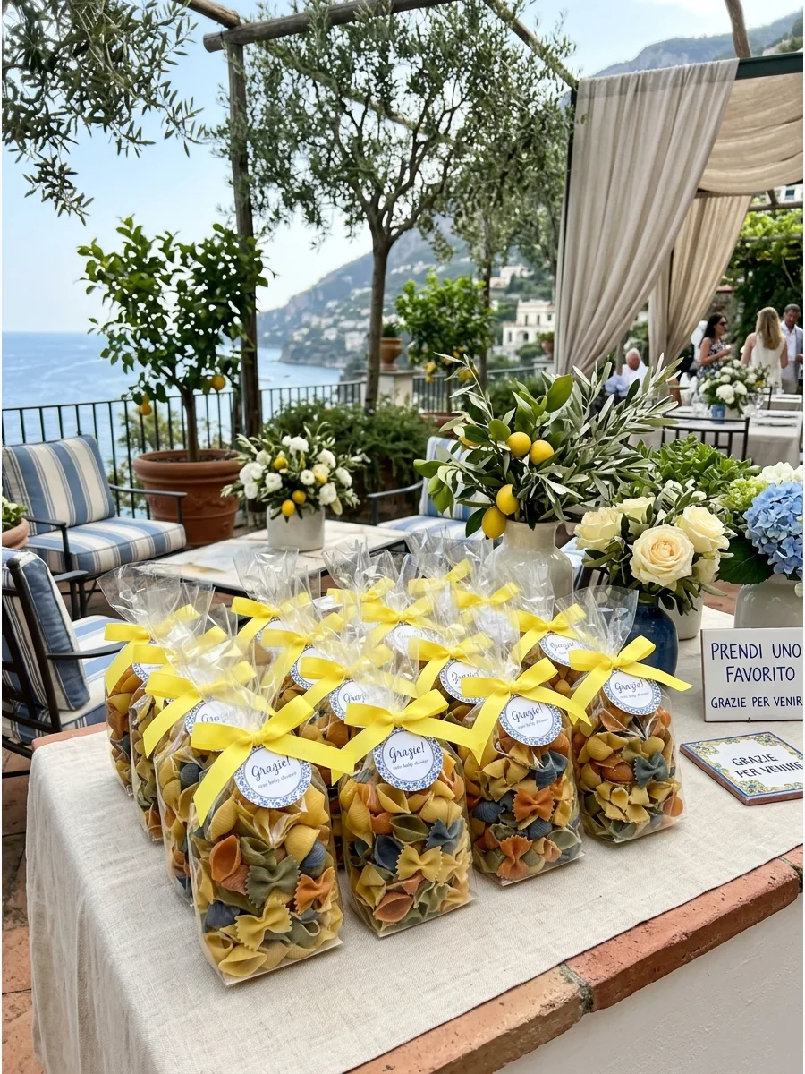 Clear bags filled with colorful pasta shapes tied with yellow ribbons.