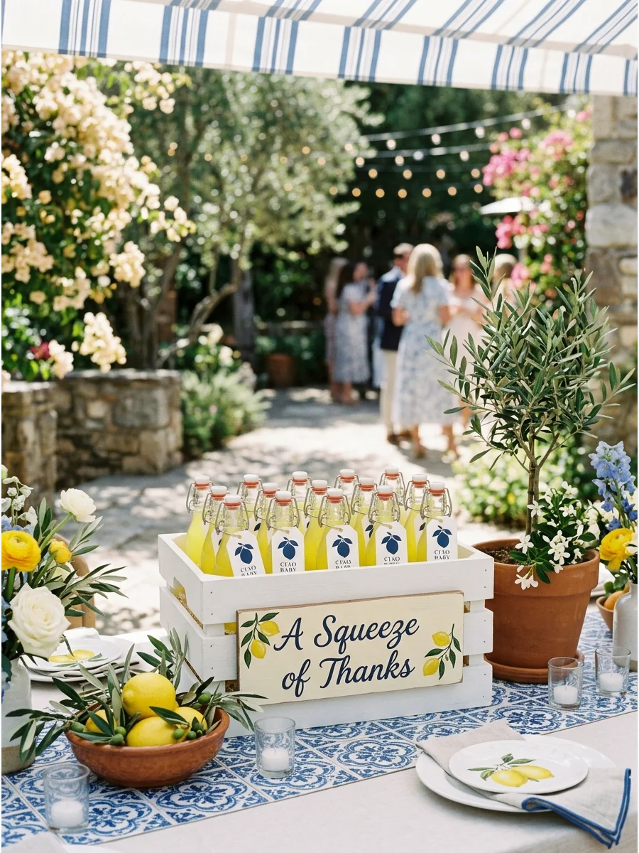 Mini glass bottles of yellow lemon syrup displayed in a white wooden crate.