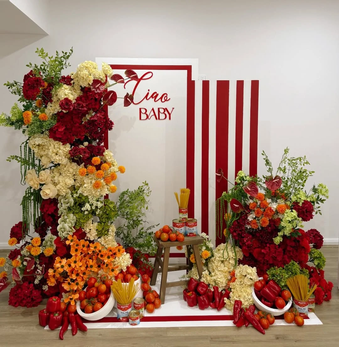 Red Striped Market Backdrop ciao baby shower