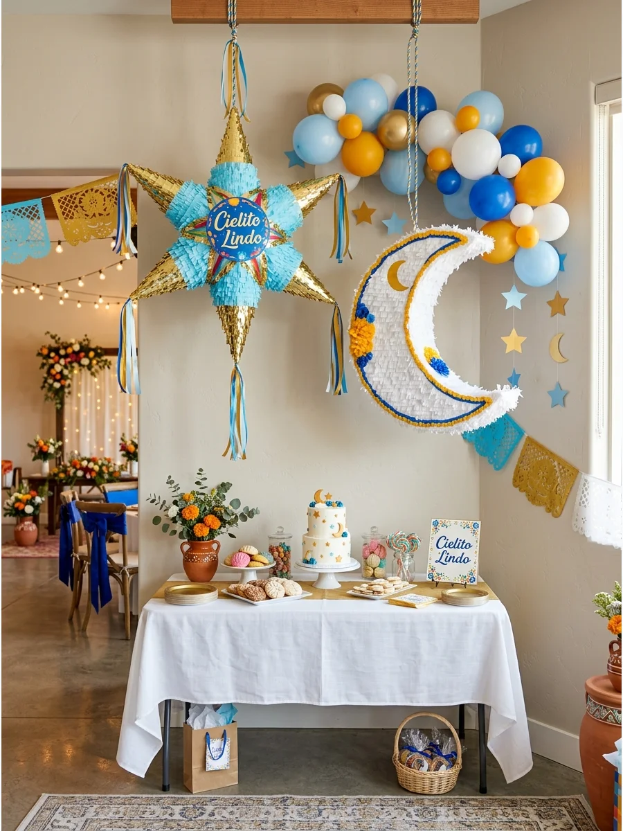 A star-shaped and crescent moon piñata in blue, gold, and white hanging as baby shower decor.