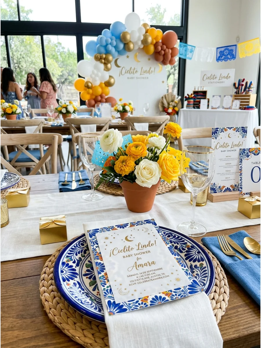 A baby shower invitation with gold foil stars on vellum over a blue Talavera floral pattern.