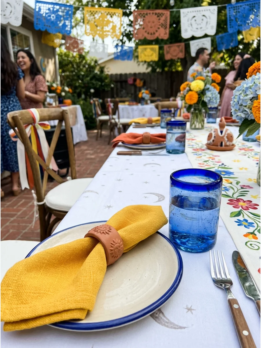 Blue glassware and a yellow napkin with a terracotta ring on a baby shower table.