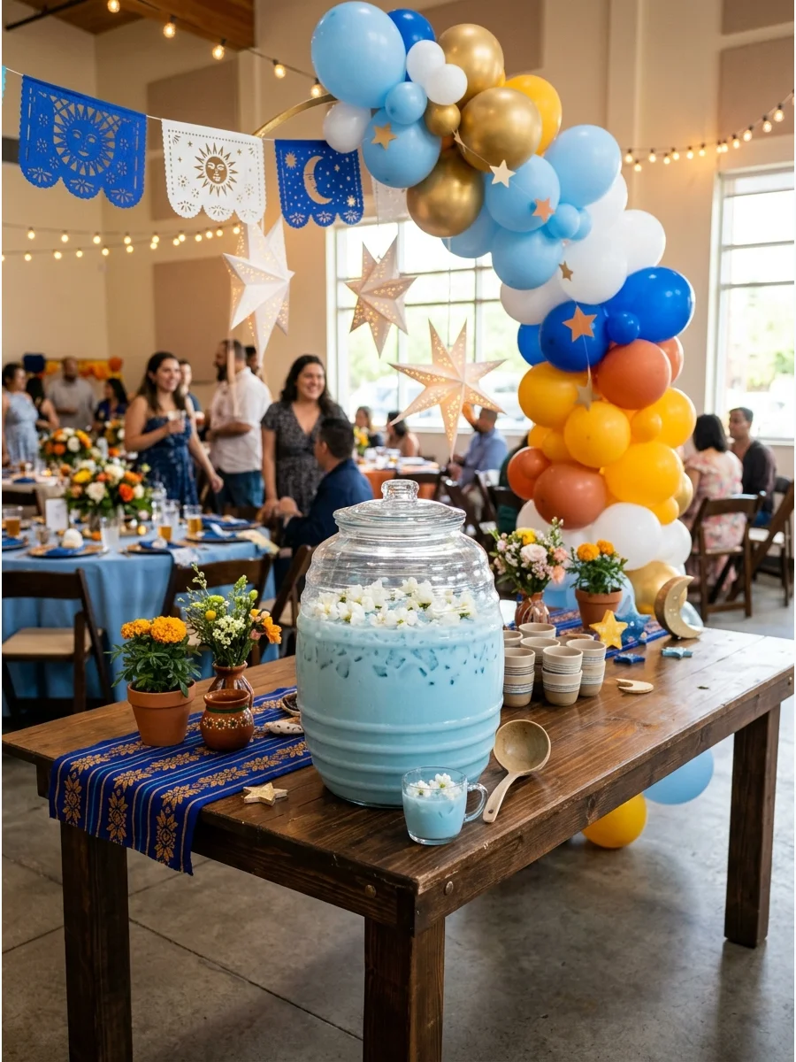 A large glass jar of light blue horchata topped with white edible flowers.