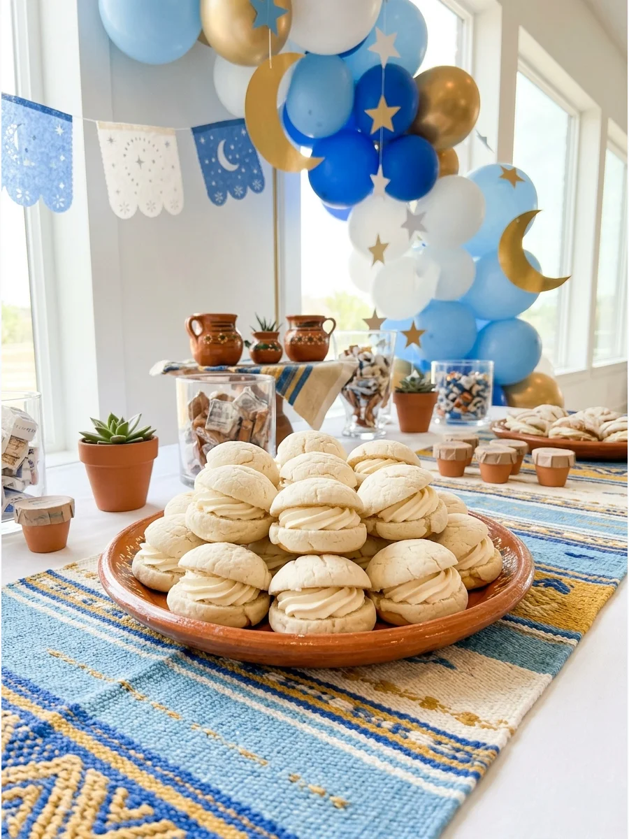 Small white concha breads filled with cream on a rustic clay plate.