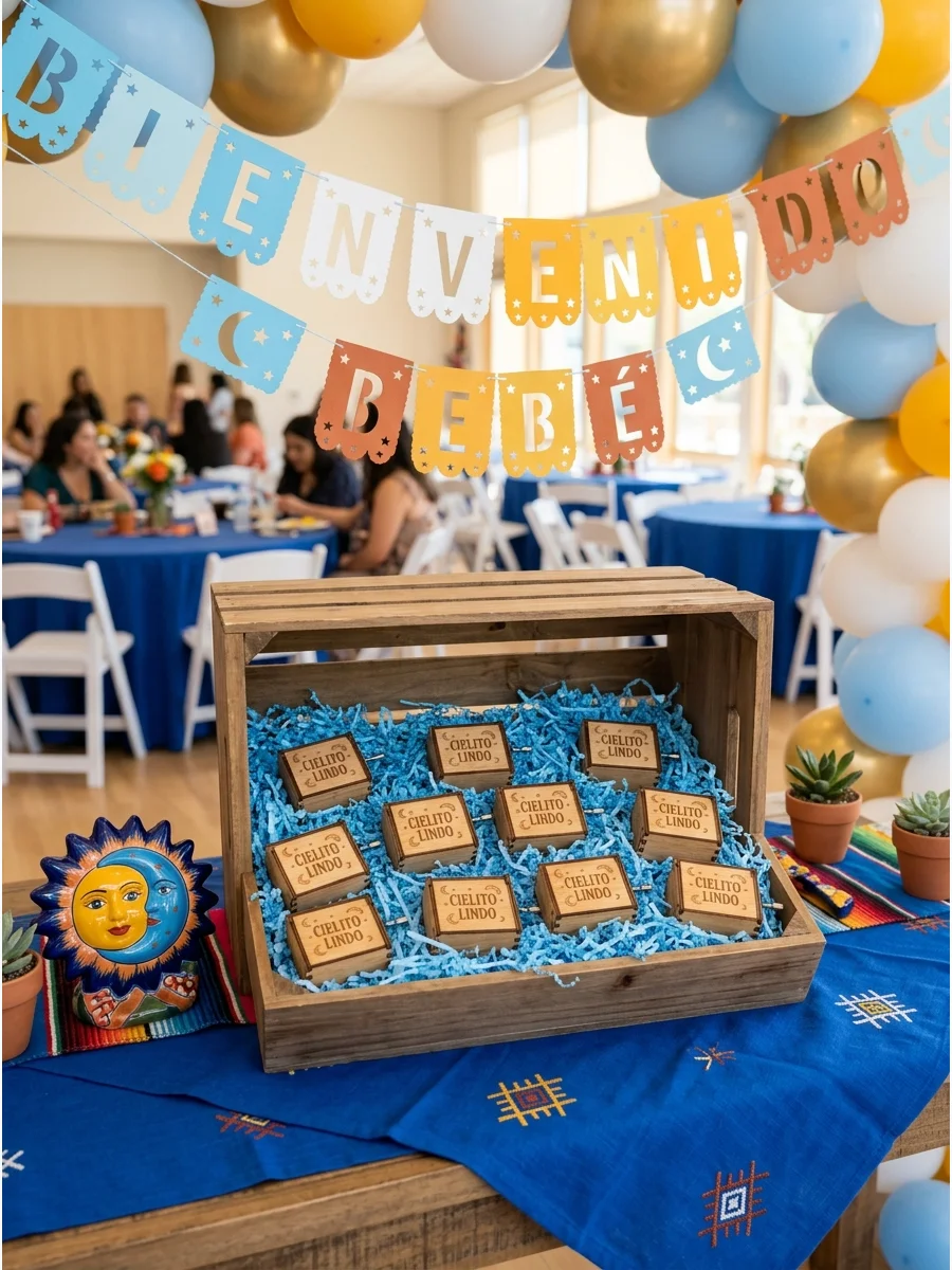 Wooden hand-crank music boxes with moon engravings for baby shower favors.
