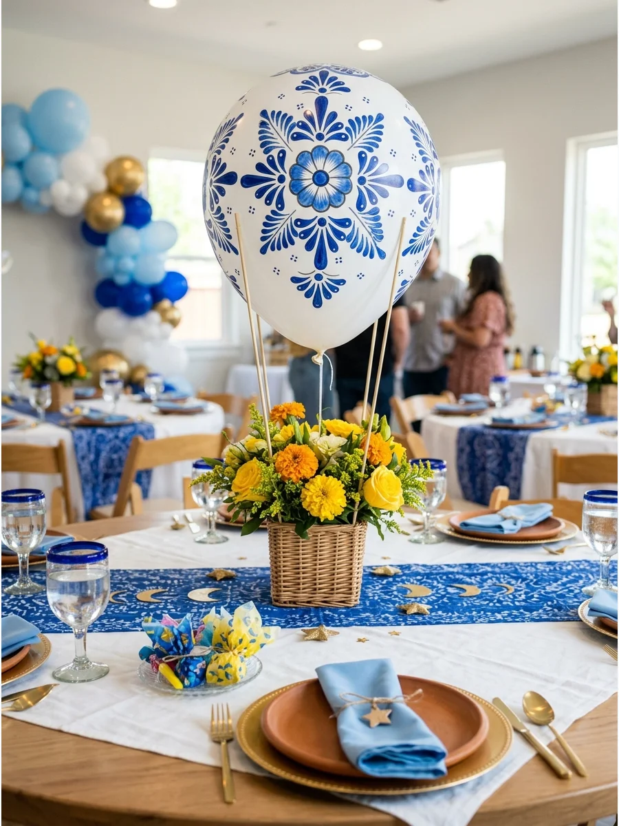 A centerpiece of a hot air balloon with blue and white floral patterns and a basket of flowers.