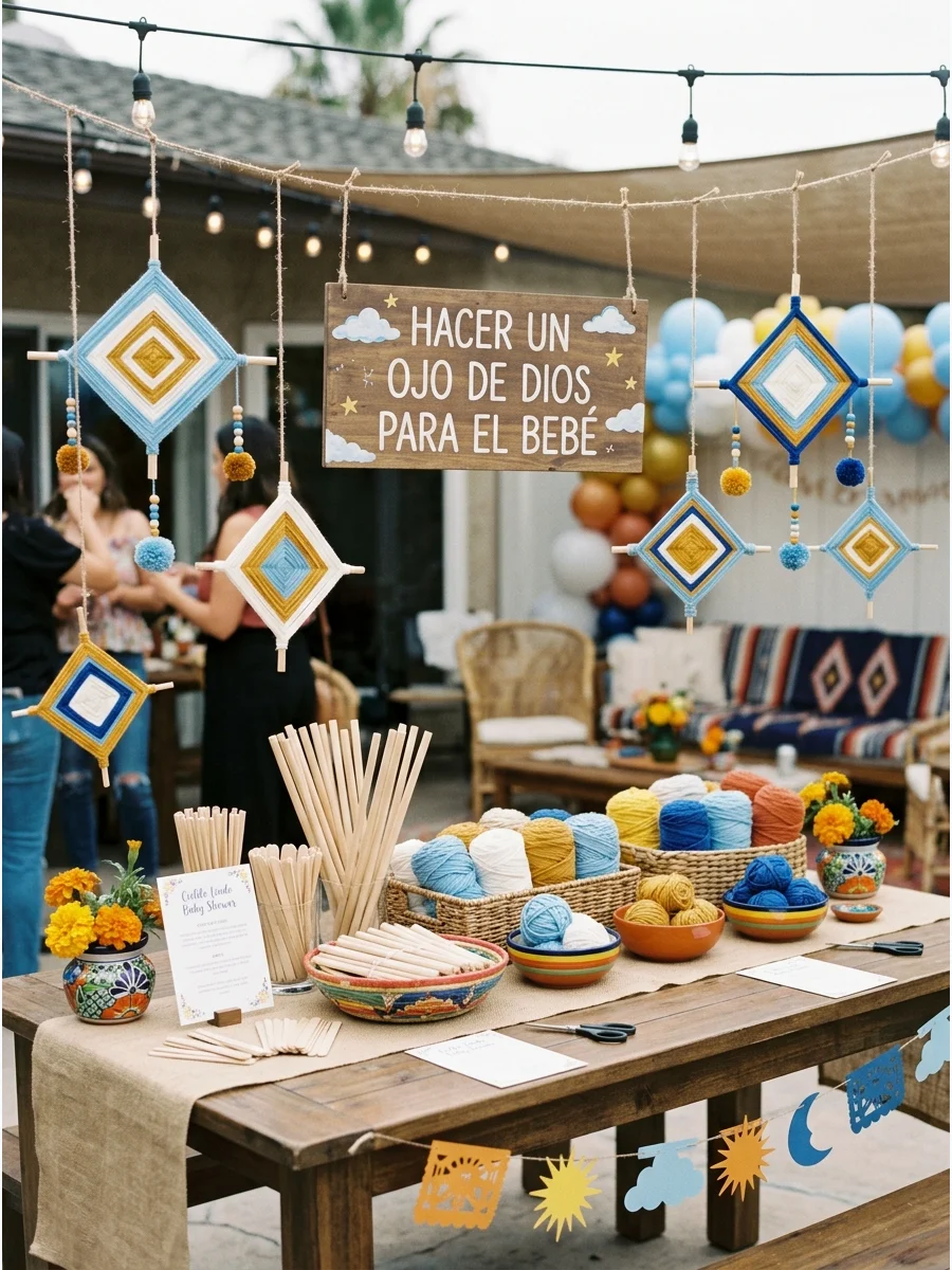 A craft station with blue and gold yarn and wooden sticks for making Ojo de Dios stars.