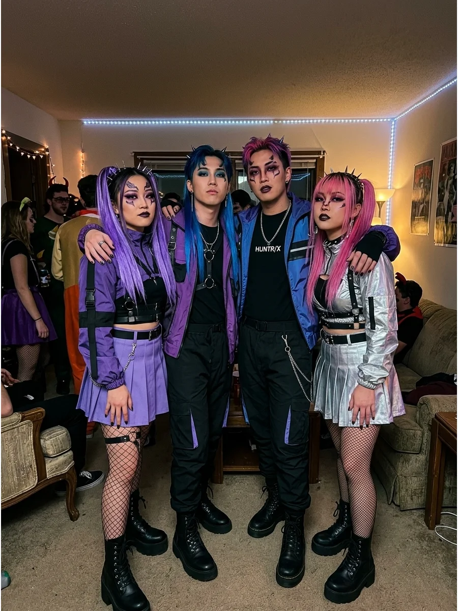 KPop Demon Hunters Group. Recreate the colorful stage outfits of the HUNTR/X group with coordinated purple, black, blue, and metallic clothing. Add bold hair accessories, temporary