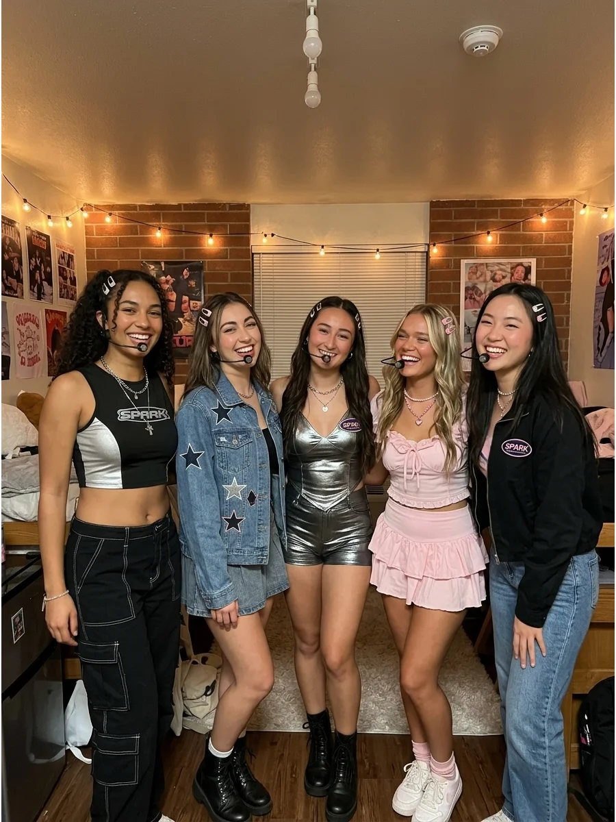 K-Pop Idol Group. Coordinate matching stage outfits in black, silver, denim, or pastel colors and give every friend a different performer role. Add headset-style microphones, match