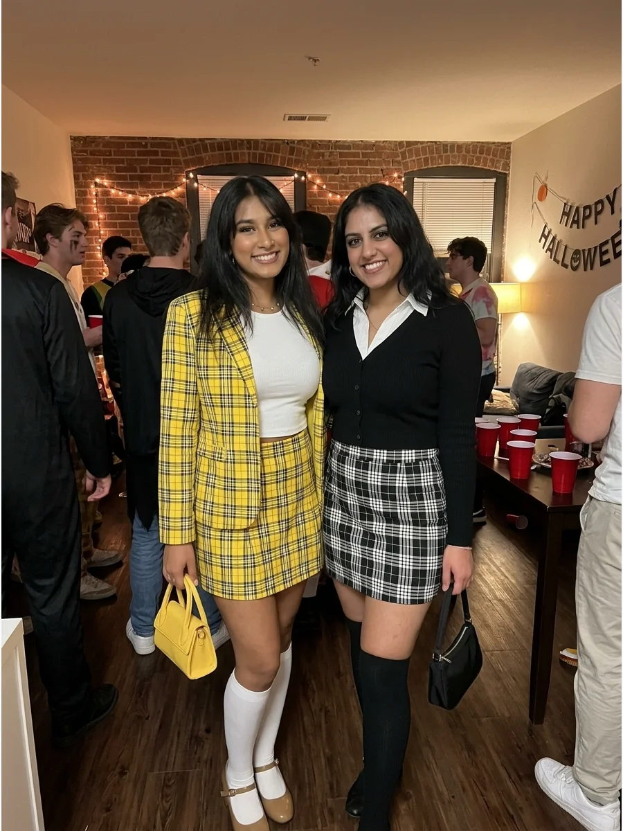 Clueless Best Friends. Recreate Cher and Dionne’s preppy style with plaid skirts, knee-high socks, fitted cardigans, and small handbags. Yellow plaid and black-and-white plaid make