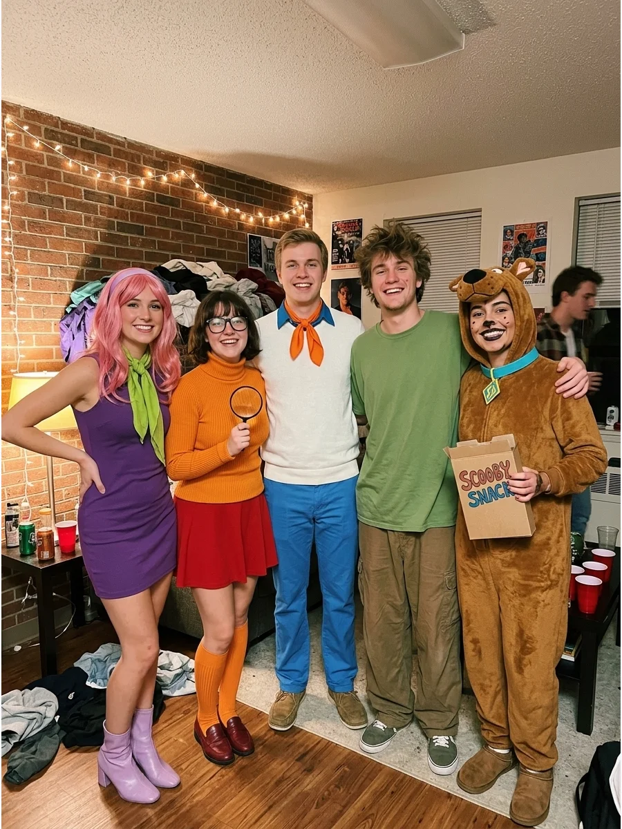 Scooby-Doo Gang. Assign the roles of Velma, Daphne, Fred, Shaggy, and Scooby-Doo across your friend group. Most of the outfits can be recreated with colorful sweaters, skirts, pant