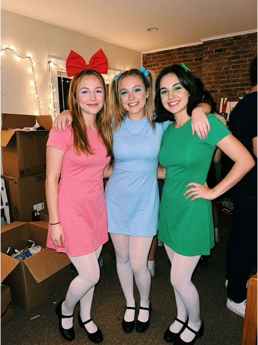 Powerpuff Girls. Choose pink, blue, or green outfits to represent Blossom, Bubbles, and Buttercup. Add white socks, black shoes, matching hair accessories, and simple character-ins