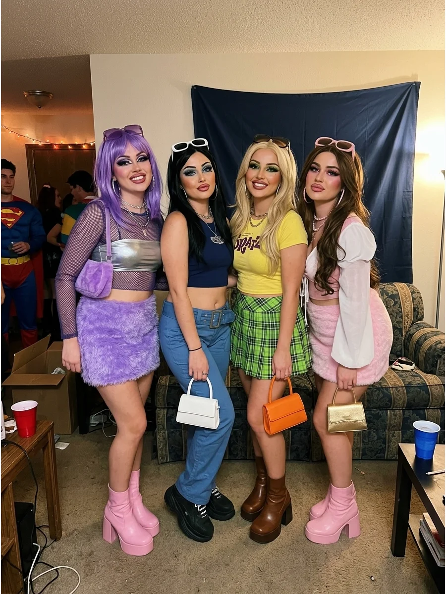 Bratz Dolls. Dress in platform shoes, mini bags, layered Y2K clothing, and bold accessories for a Bratz-inspired group look. Each friend can create a different color scheme while k