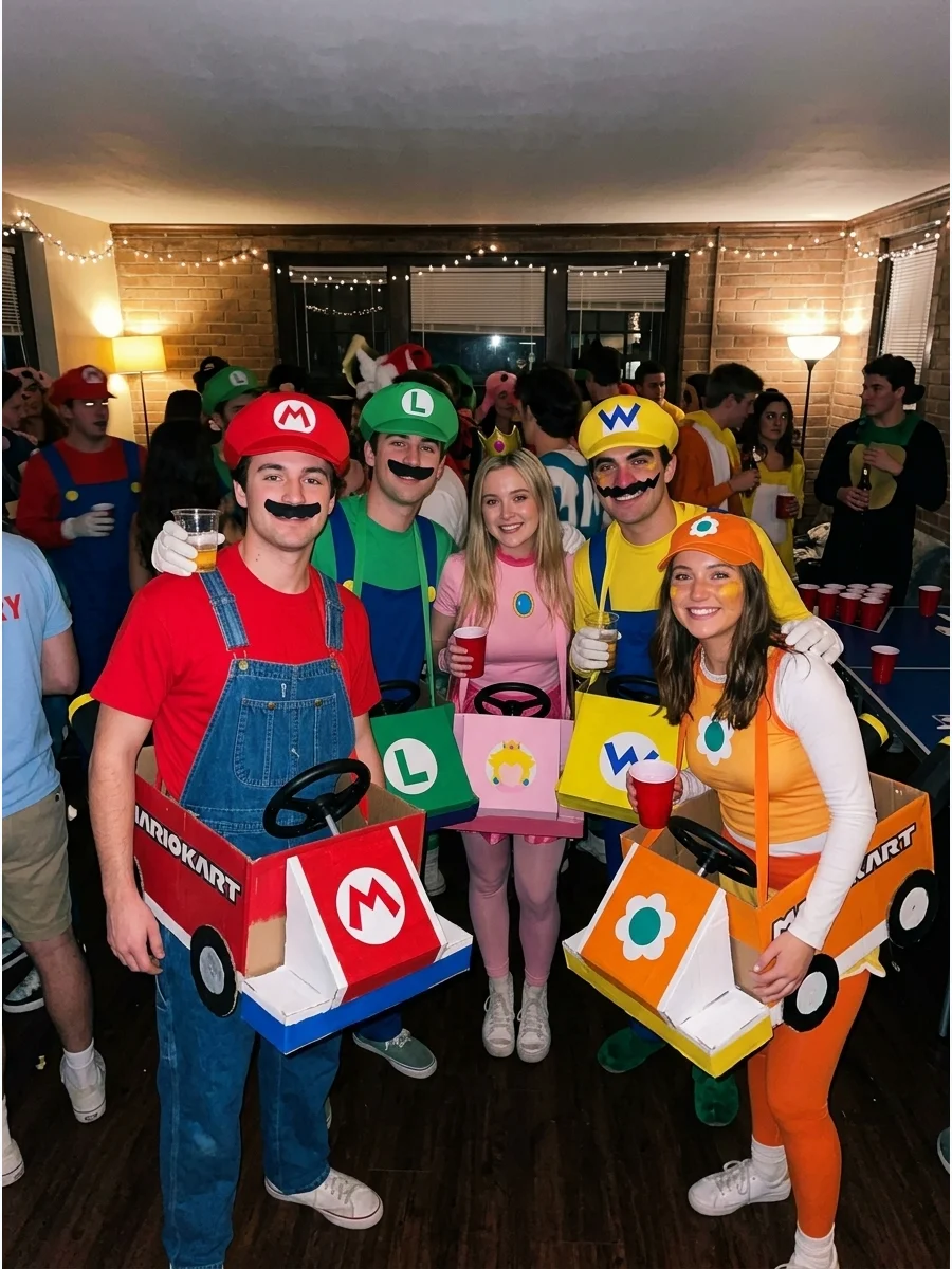 Mario Kart Racers. Wear character-colored shirts, hats, gloves, and overalls to become different Mario Kart racers. Cardboard steering wheels or lightweight decorated boxes can tur