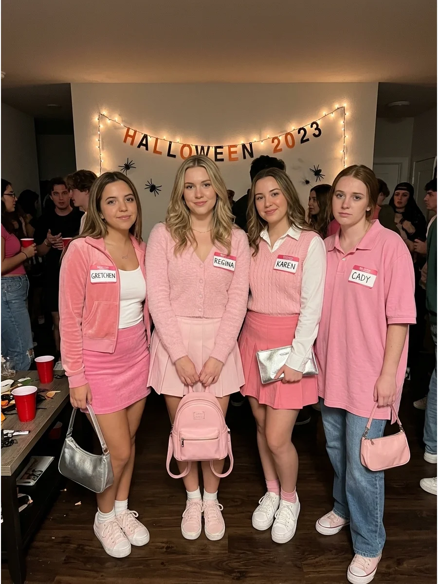 Mean Girls Pink Outfits. Create a coordinated pink group costume inspired by the movie’s famous high-school fashion. Use pink skirts, sweaters, cardigans, handbags, and personalize