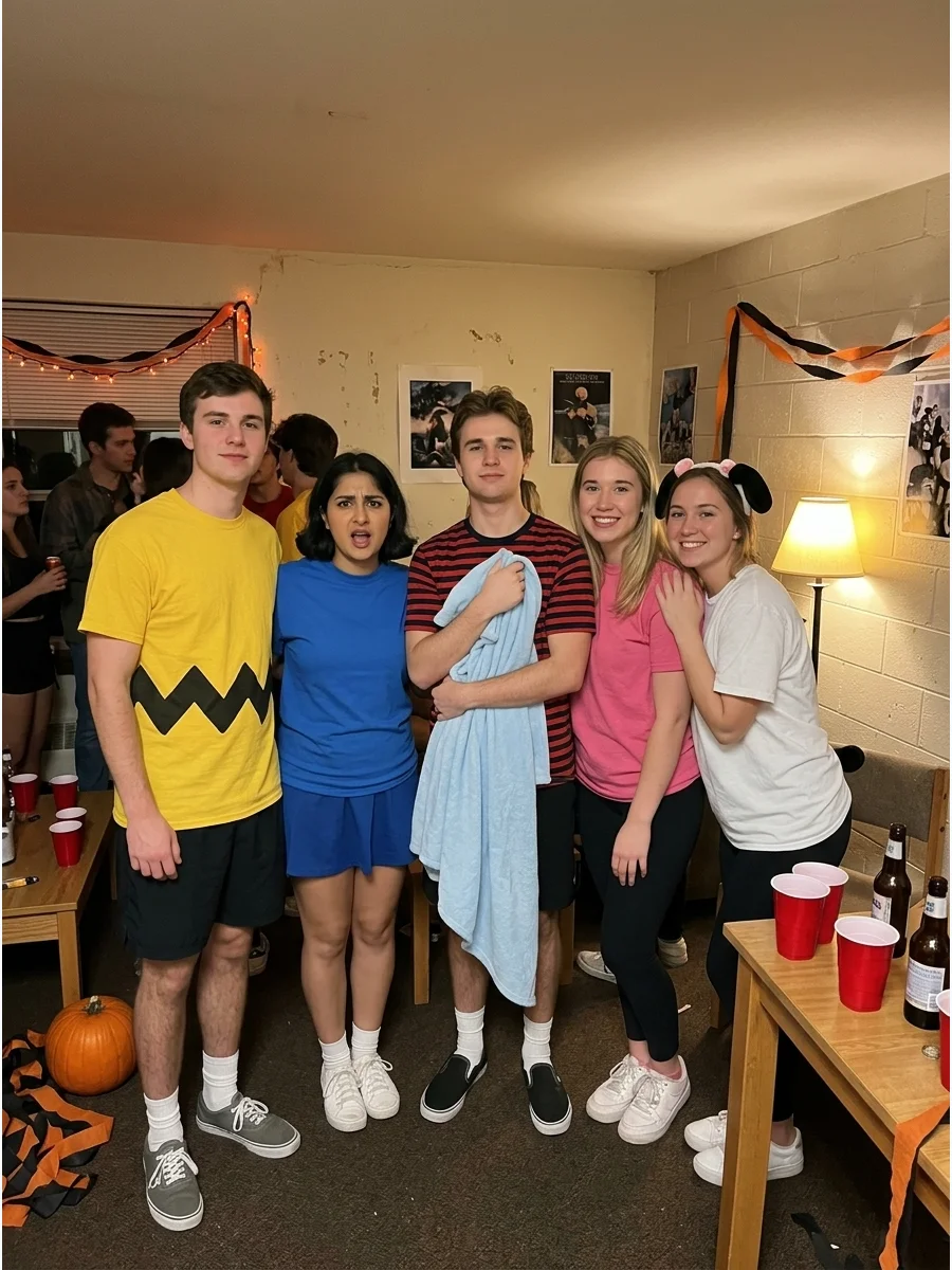 Peanuts Characters. Recreate Charlie Brown, Lucy, Linus, Sally, and Snoopy using simple shirts in each character’s signature colors. This is an affordable group idea that remains r