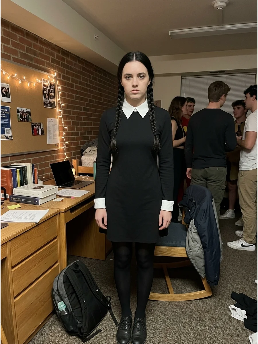 Wednesday Addams. Wear a black dress with a crisp white collar, black tights, and dark shoes for an instantly recognizable Wednesday Addams costume. Finish the look with two long b