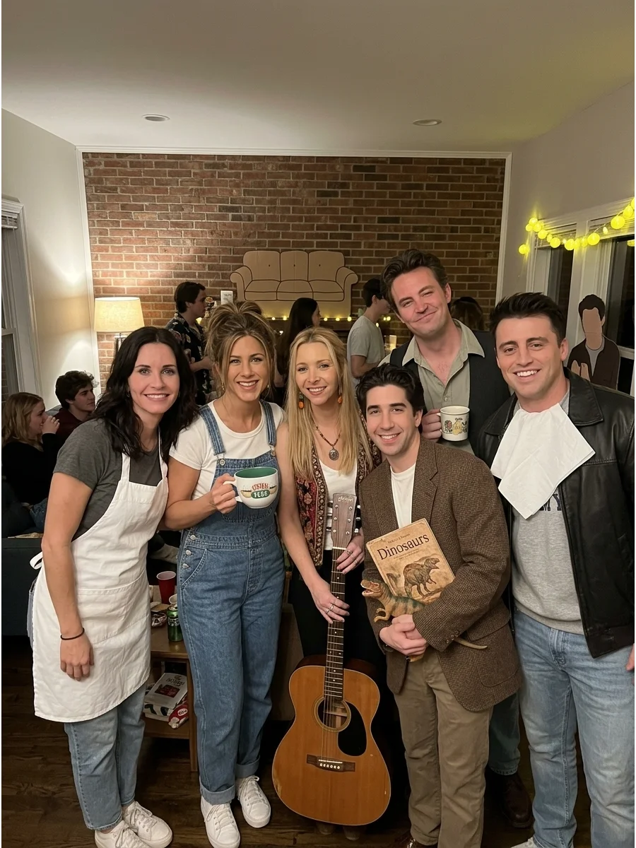 Friends Sitcom Group. Use everyday 1990s-inspired clothing to represent Rachel, Monica, Phoebe, Ross, Chandler, and Joey. Add small character clues such as an apron, guitar, paleon
