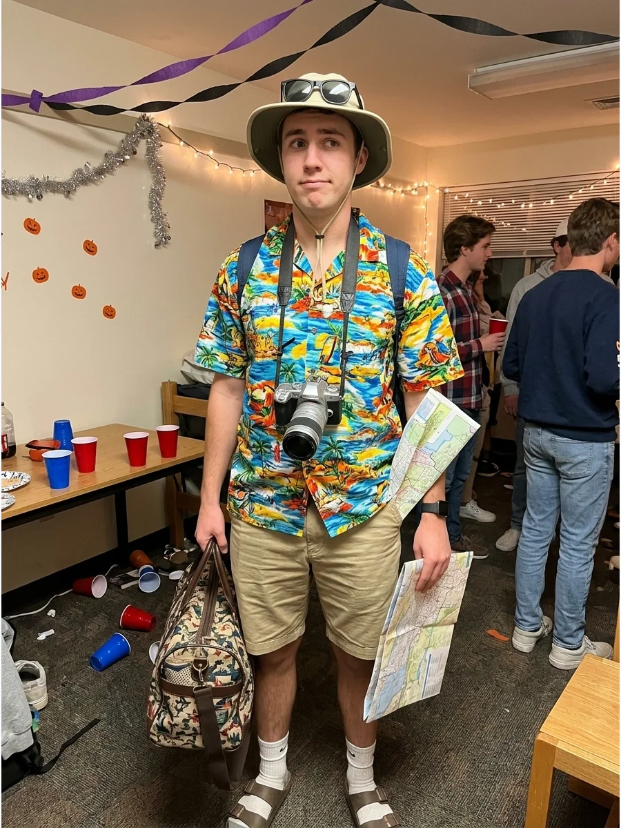 Classic Tourist. Combine a bright vacation shirt with shorts, sandals, sunglasses, and a camera. A folded map, sun hat, travel bag, and socks with sandals make the costume even fun
