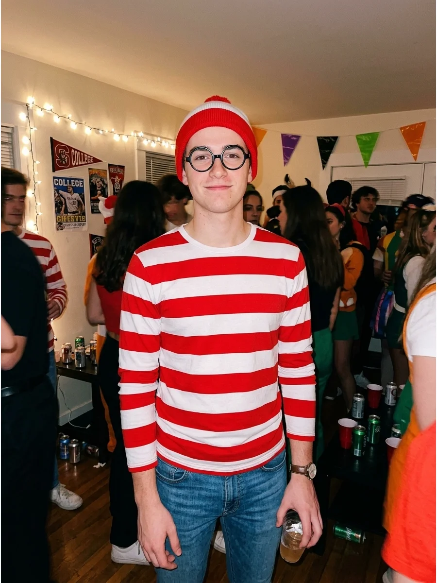 Where’s Waldo. Pair a red-and-white striped shirt with jeans, a matching beanie, and round glasses. This simple costume is comfortable, recognizable, and easy to recreate with basi