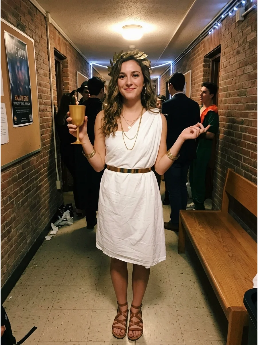 Greek Goddess or God. Use a white sheet or flowing white outfit to create a simple toga-inspired costume. Add a gold belt, metallic jewelry, sandals, and a handmade leaf crown. Col