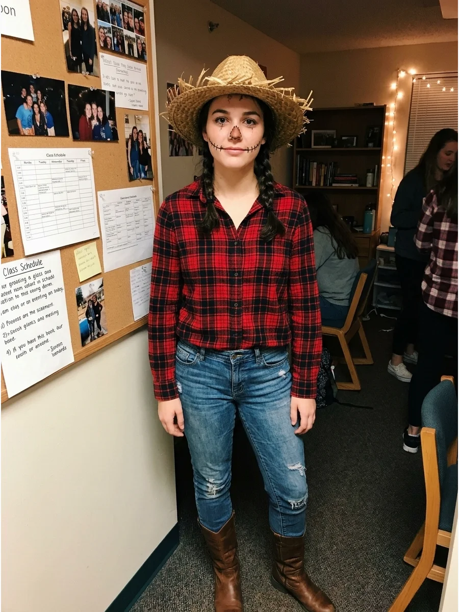 Classic Scarecrow. Combine a plaid shirt, jeans, boots, and a straw hat for an inexpensive scarecrow costume. Add stitched makeup around the cheeks and nose without needing a full