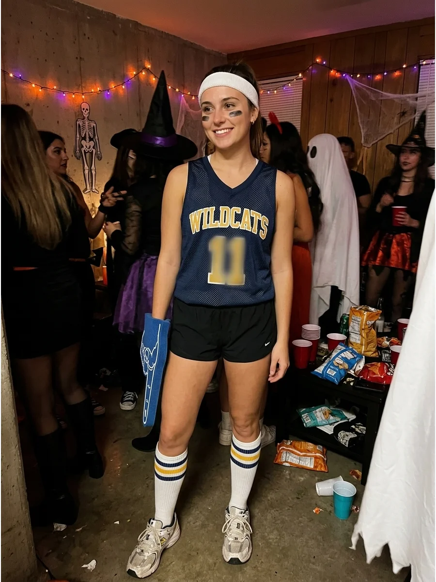 College Athlete. Wear a team jersey, shorts or athletic pants, high socks, and sneakers. Add eye-black stickers, a headband, or a foam finger to make the look feel more like a cost