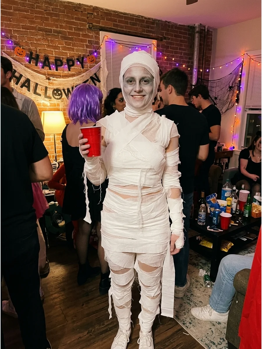Classic Mummy. Wrap a white outfit with strips of clean fabric, gauze, or crepe paper while leaving enough room to move comfortably. Light gray makeup around the eyes can give the