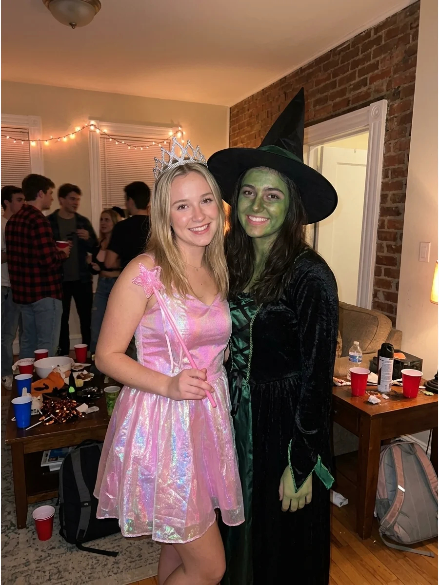 Glinda and Elphaba. This Wicked-inspired duo lets one friend dress in sparkling pink while the other wears dramatic black and green. Add a crown for Glinda and a pointed witch hat