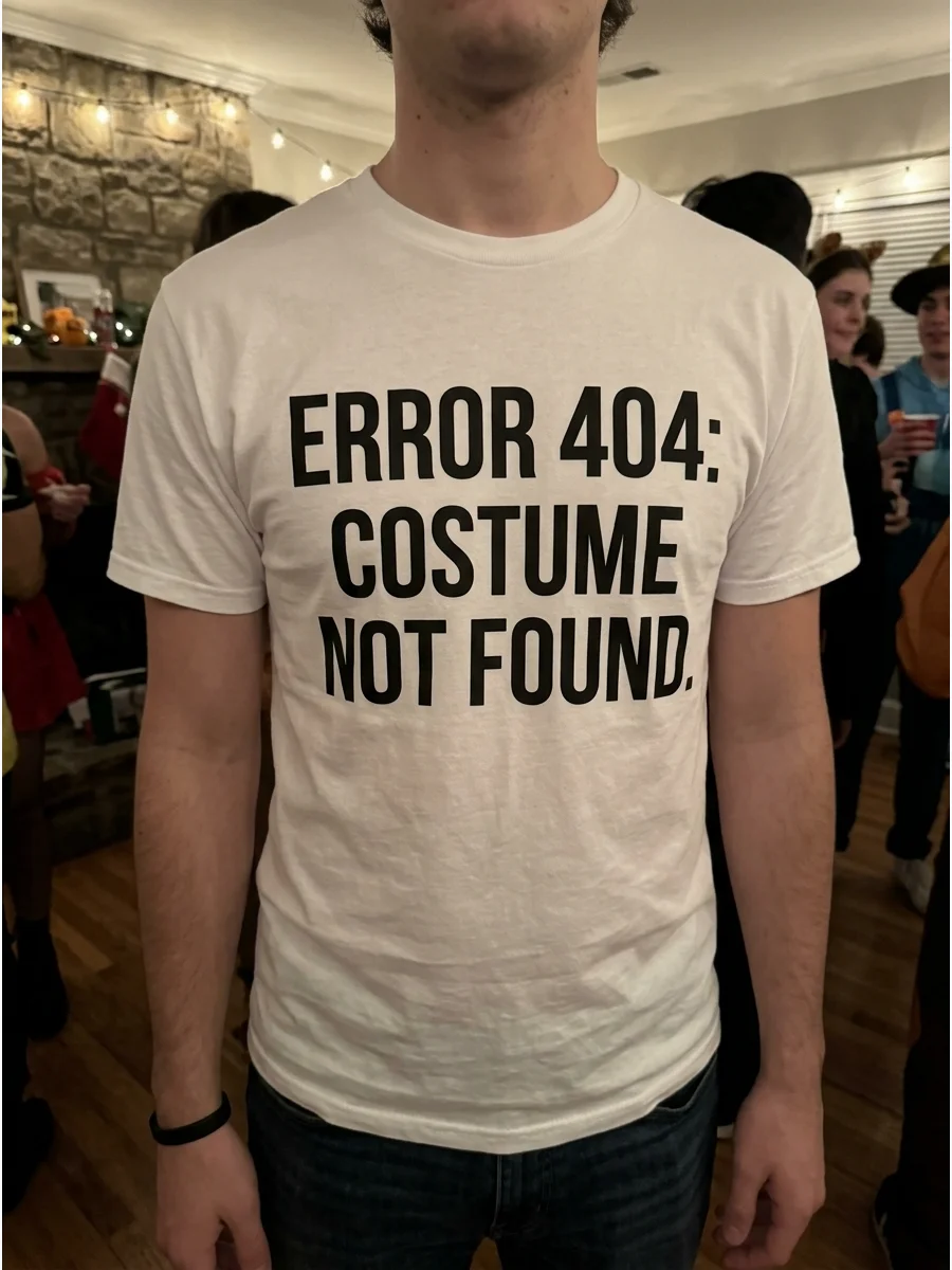 Error 404: Costume Not Found. Wear a plain white shirt printed with the words “Error 404: Costume Not Found.” This is one of the easiest last-minute ideas for anyone who wants a co