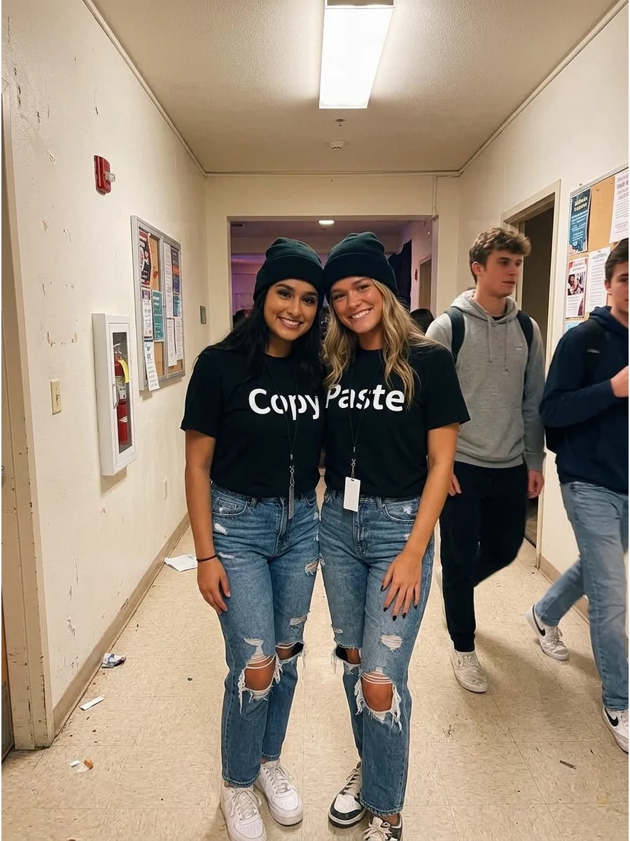 Copy and Paste Duo. One person wears a shirt labeled “Copy,” while the other wears a matching shirt labeled “Paste.” Coordinate the rest of your outfits so the joke becomes immedia