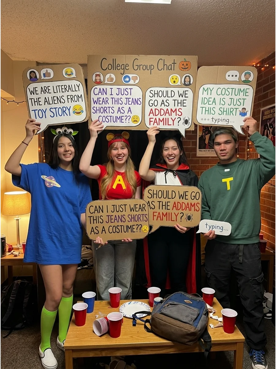 College Group Chat. Give each friend a large cardboard speech bubble containing a funny, harmless group-chat message. Add profile pictures, typing symbols, reaction icons, and a sh