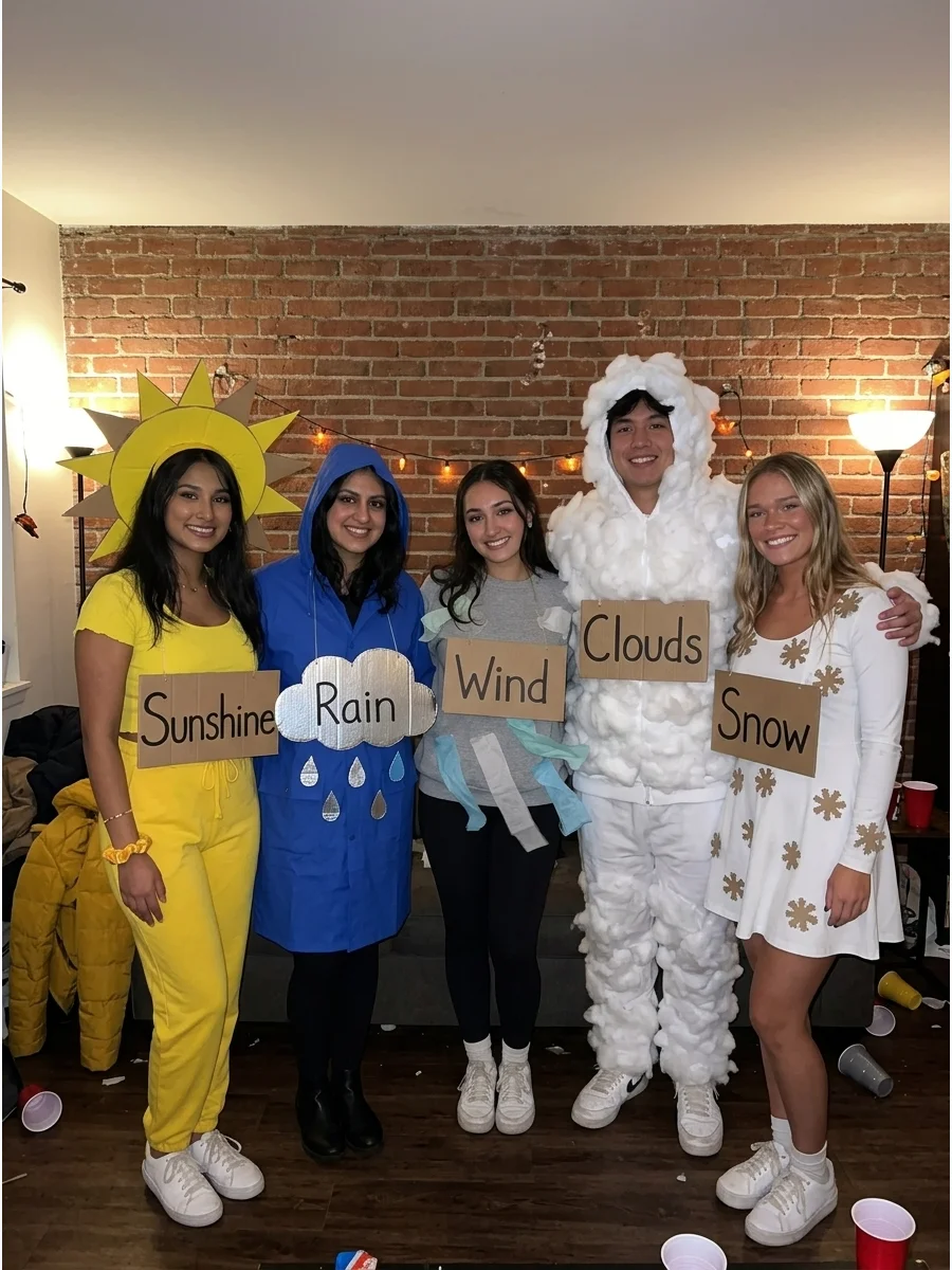 Weather Forecast Group. Assign each friend a different weather condition such as sunshine, rain, wind, clouds, or snow. Use colored outfits, cardboard symbols, and simple headpiece