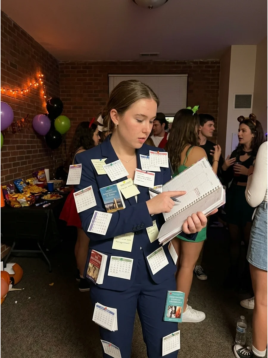 Booked and Busy. Wear professional clothing and attach miniature paper calendars, appointment notes, and book covers to your outfit. Carry a planner and pretend that every minute o