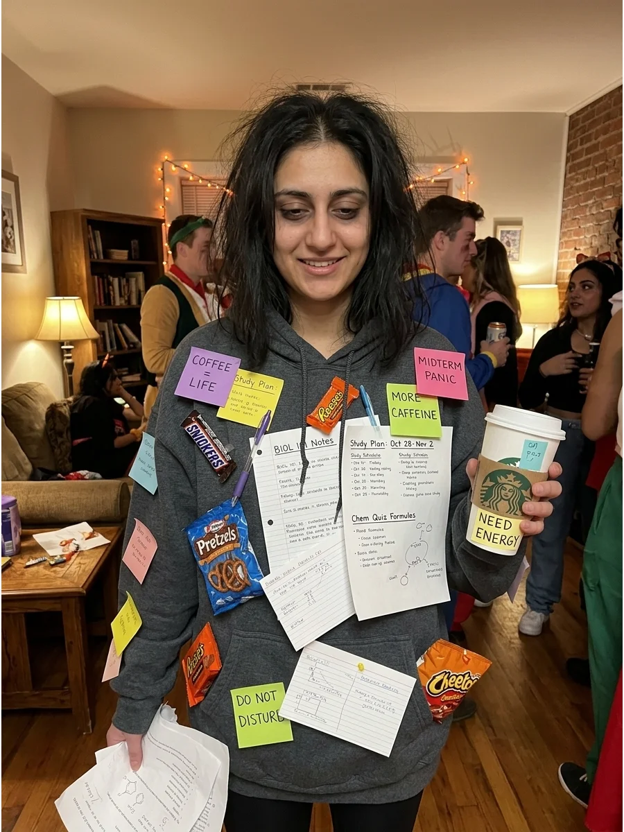 Midterm Survival Kit. Cover a sweatshirt with harmless college essentials such as sticky notes, pens, snack wrappers, flash cards, and printed study schedules. Add a travel mug and