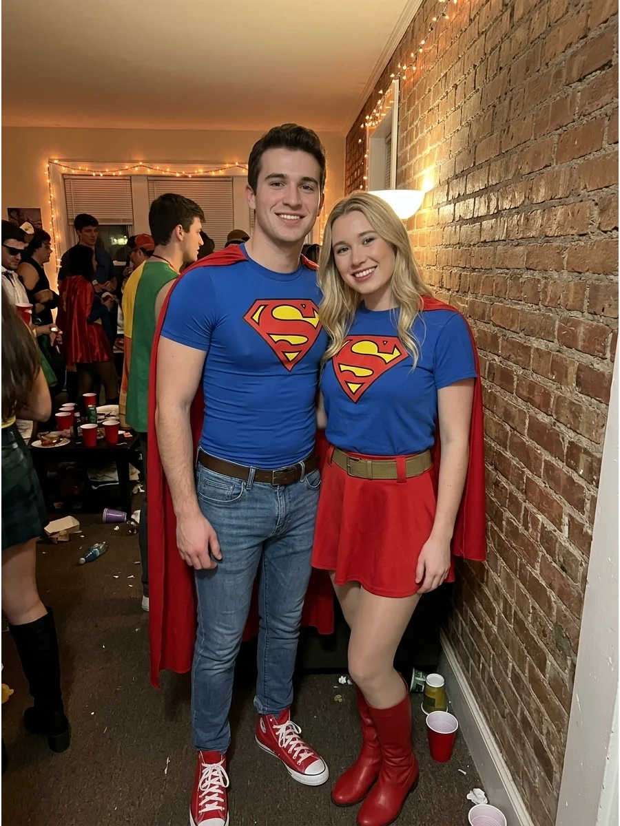 Superman and Supergirl. Create an easy superhero look with blue shirts, red capes, boots, and recognizable chest emblems. This idea works as a couple costume, best-friend duo, or p