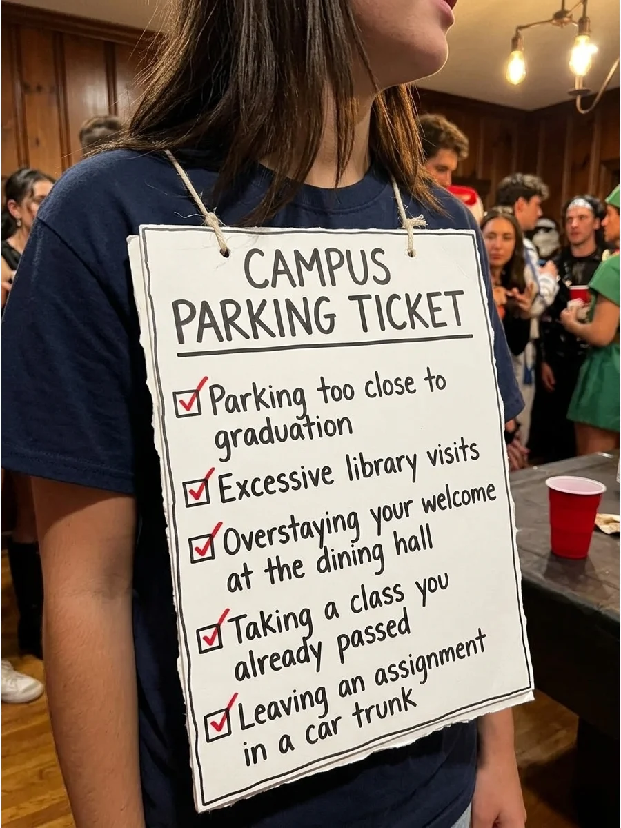 Campus Parking Ticket. Create a large wearable parking citation from lightweight poster board. Include funny fictional violations such as “parking too close to graduation” or “exce