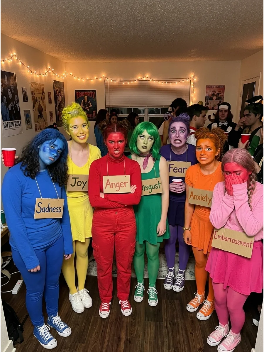 Inside Out Emotions. Have each friend represent a different emotion using one main clothing color and expressive makeup. Personalized signs can identify emotions such as Joy, Sadne