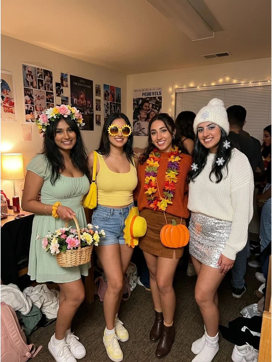 The Four Seasons. Dress four friends as spring, summer, fall, and winter. Use flowers for spring, sunshine accessories for summer, leaves for fall, and snowflakes for winter. Colle