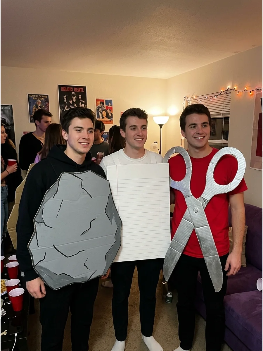 Rock, Paper, Scissors Trio. Create simple shirts or cardboard signs representing a rock, a sheet of paper, and scissors. This classic trio idea is funny, inexpensive, and easy to r