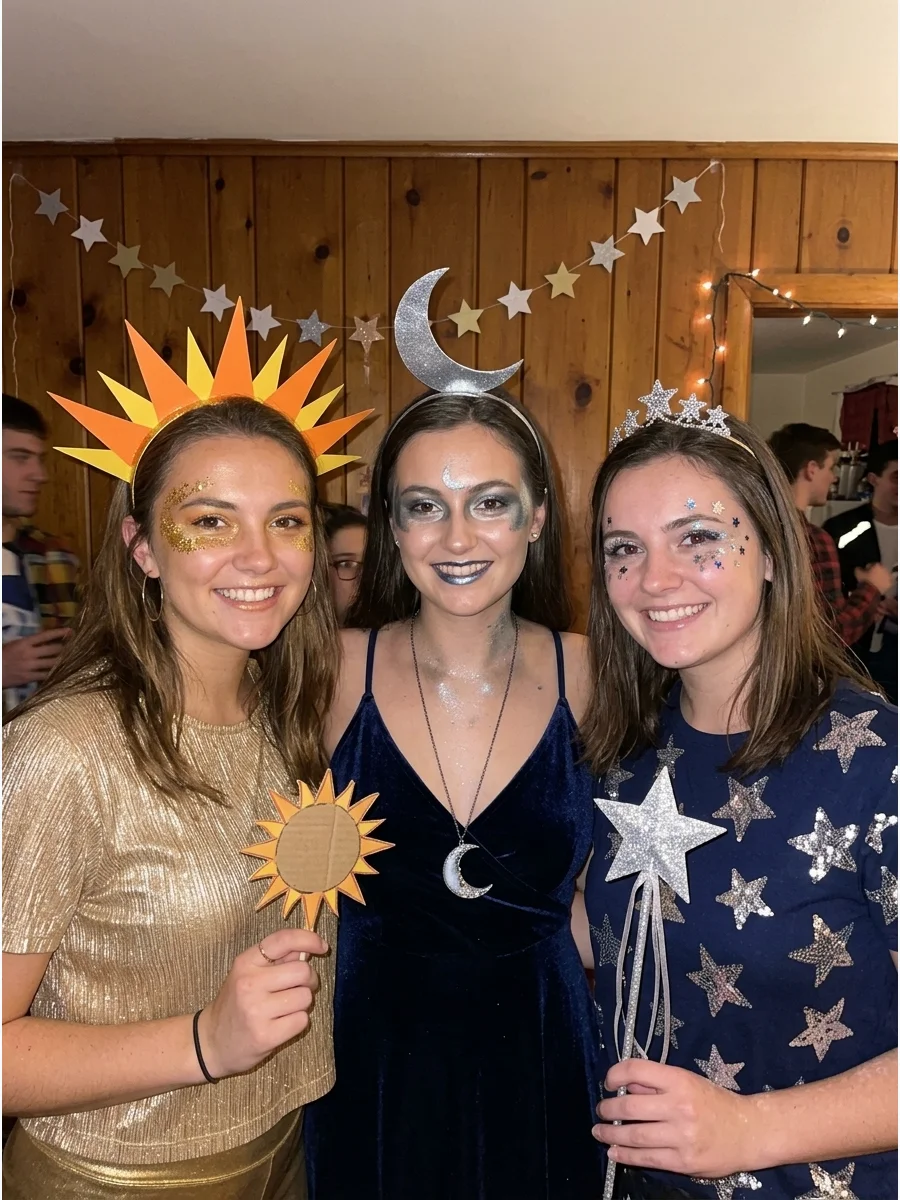 Sun, Moon, and Stars. Use gold, silver, navy, and glittering accessories to create a celestial trio or larger group. Add lightweight crowns, metallic makeup, and handmade star deco