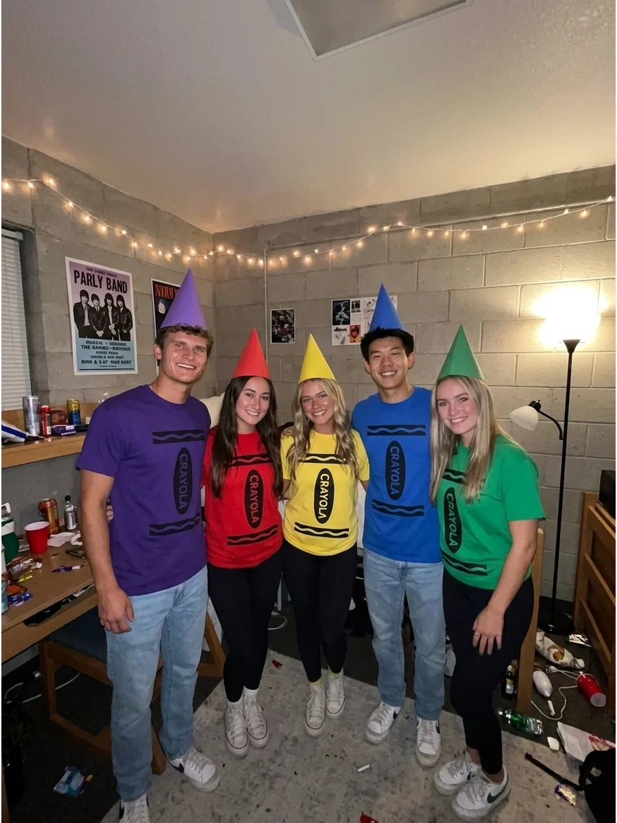 Crayon Box Group. Give every friend a different brightly colored outfit and add a pointed paper hat. Print a fictional crayon label across each shirt and pose together as one color