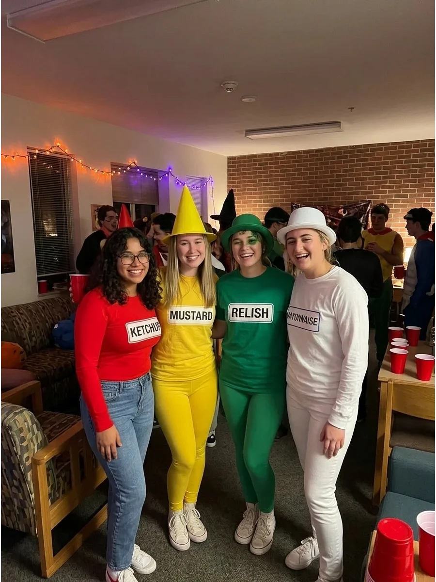Fast-Food Condiments. Dress friends in red, yellow, green, and white to represent ketchup, mustard, relish, and mayonnaise. Add printed bottle labels or matching cone-shaped hats t