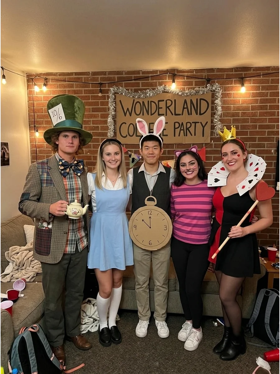Alice in Wonderland Group. Assign characters such as Alice, the Mad Hatter, the White Rabbit, the Cheshire Cat, and the Queen of Hearts. Use colorful clothing and signature accesso