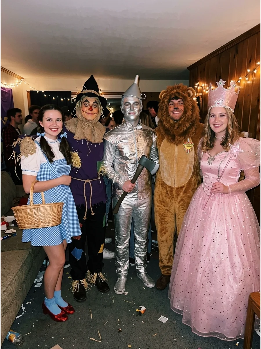 Wizard of Oz Friends. Dress as Dorothy, the Scarecrow, the Tin Man, the Cowardly Lion, and the Good Witch. This theme works especially well for a larger group because every charact