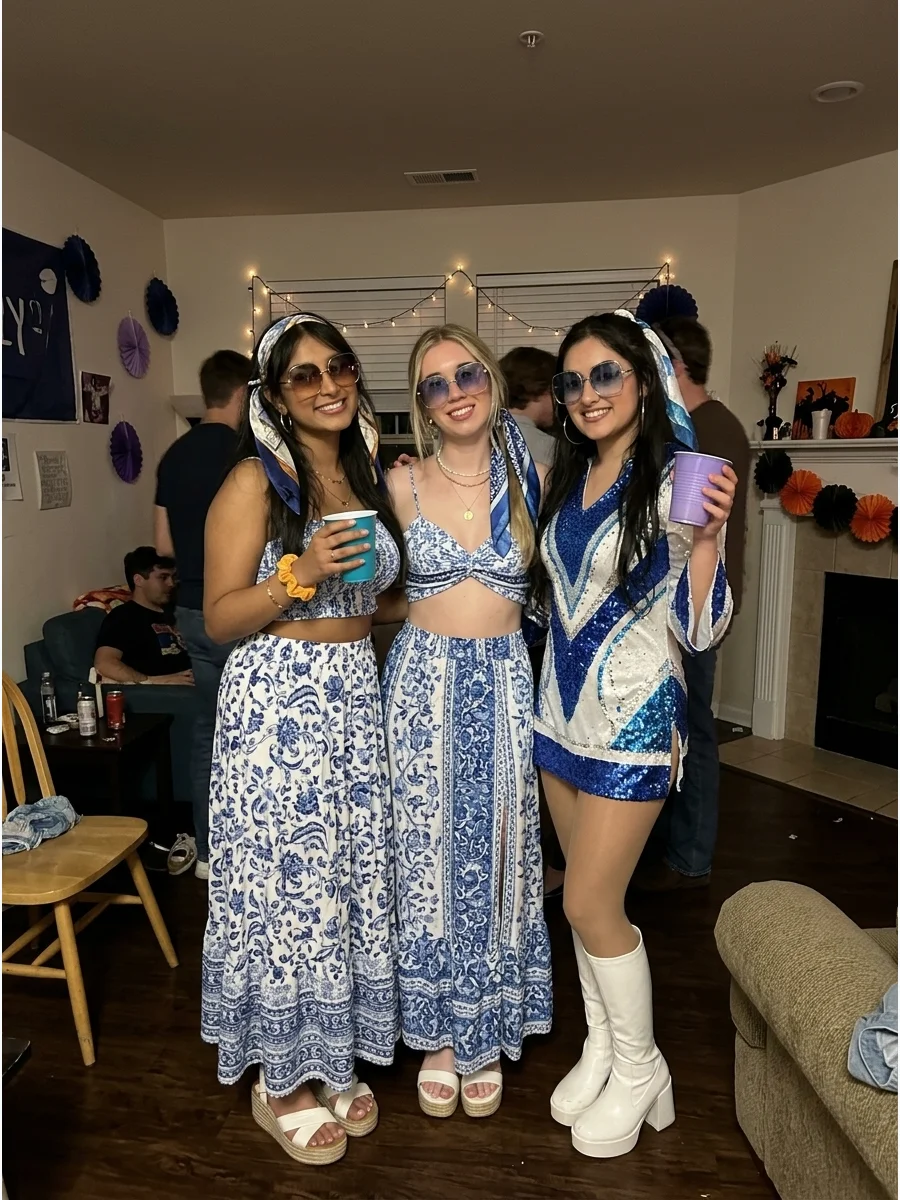 Mamma Mia Island Crew. Wear flowing blue-and-white outfits, platform boots, scarves, sunglasses, and retro accessories. The group can mix vacation-inspired clothing with sparkling
